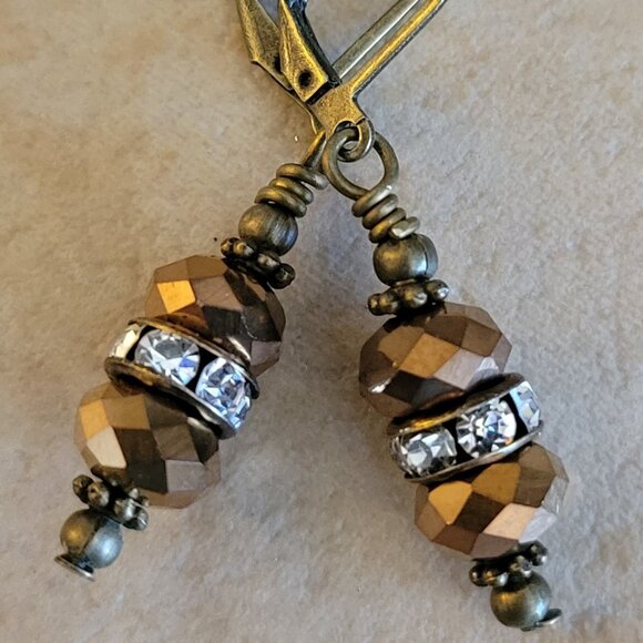 Copper Clear Crystal Rhinestone Rondelle Earrings Bronze Brass Lever Back - Picture 2 of 7